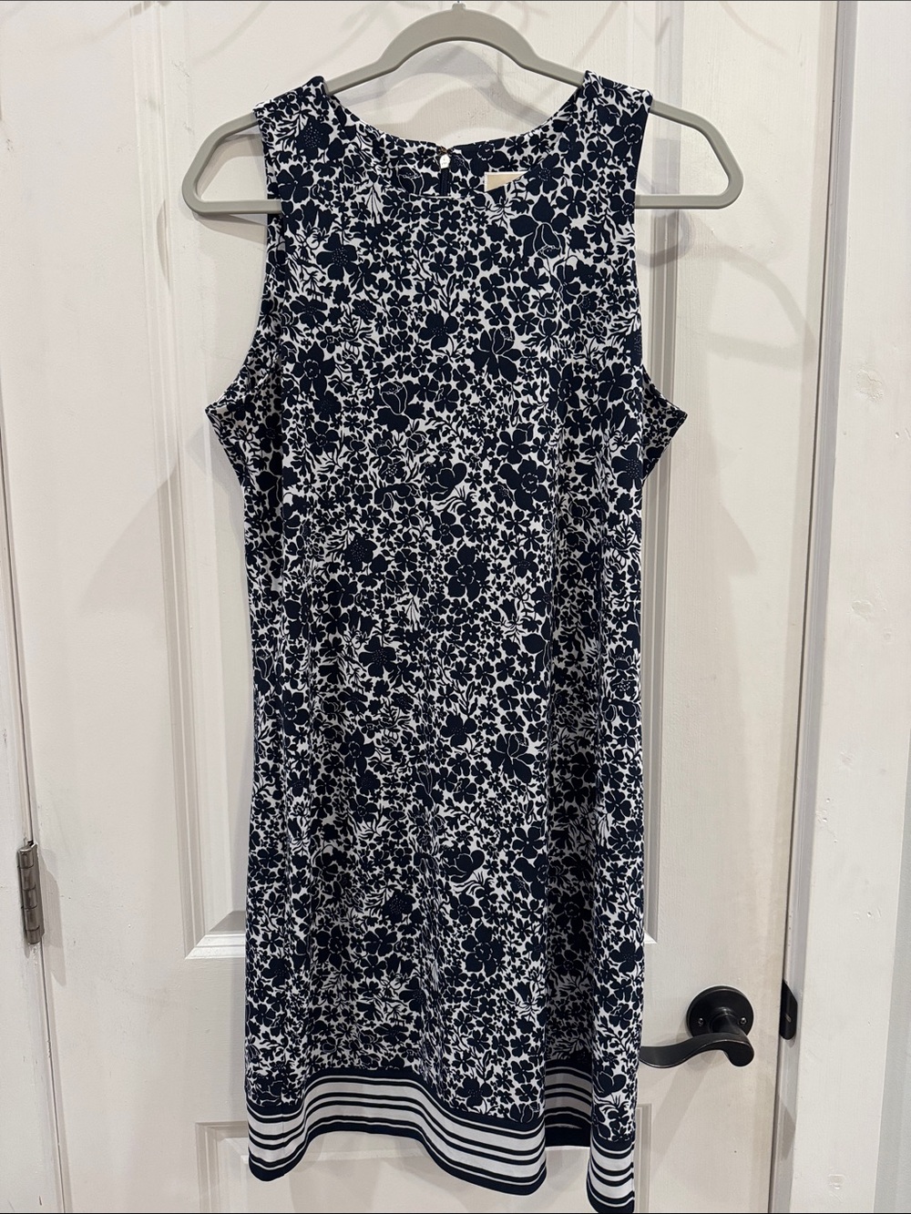 Michael Kors Navy and White Ditsy Floral with Striped Hem Sleeveless Shift Dress